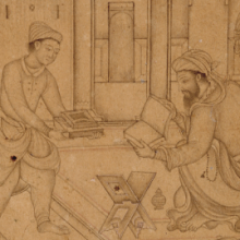 detail of Calligraphers’ Workshop. Courtesy of The Free Library of Philadelphia. Rare Book Department. Lewis MS 1.