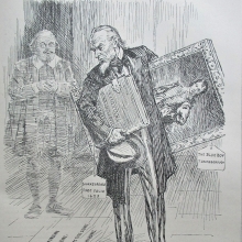 Punch cartoon showing Uncle Sam standing next to a gravestone with British cultural treasures under his arm as ghost of William Shakespeare looks on.