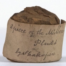 Cylindrical piece of mulberry tree, piece of wood supposedly taken from Shakespeare's mulberry tree,