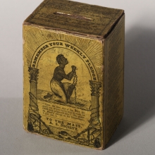 Coin box bearing the words "Remember your weekly pledge to the Mass. A. S. Society"