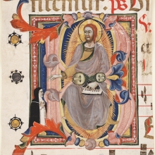 Initial B from a choir book, showing Christ blessing a Dominican nun.