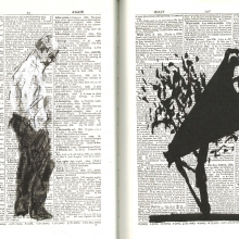 Collage from William Kentridge’s 2nd Hand Reading project (2014), using the 1936 revised Oxford English Dictionary, Kentridge Studio