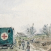 World War I ambulance in bombed village