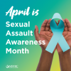 Sexual Assault Awareness Month logo hands holding light blue ribbon