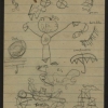 Hand-drawn images on yellow lined paper, likely drawn by a child, show an umbrella, a pig, and a human figure.