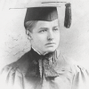 Black and white photo showing M. Alice Bennett in a cap and gown overlaid over a sepia document
