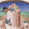 Illustration from a medieval manuscript showing a figure looking down out of the top of a tower on small buildings below, surrounded by stylized trees and fields