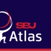 "SBJ Atlas" written in red on a blue background with a stylized graphic representing the god Atlas holding a globe